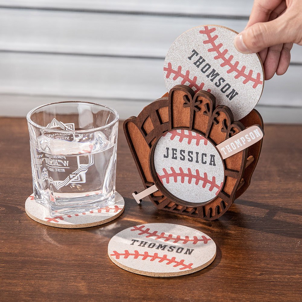 Personifierad 3-pack Baseball Design Drink Coasters Set med hållare