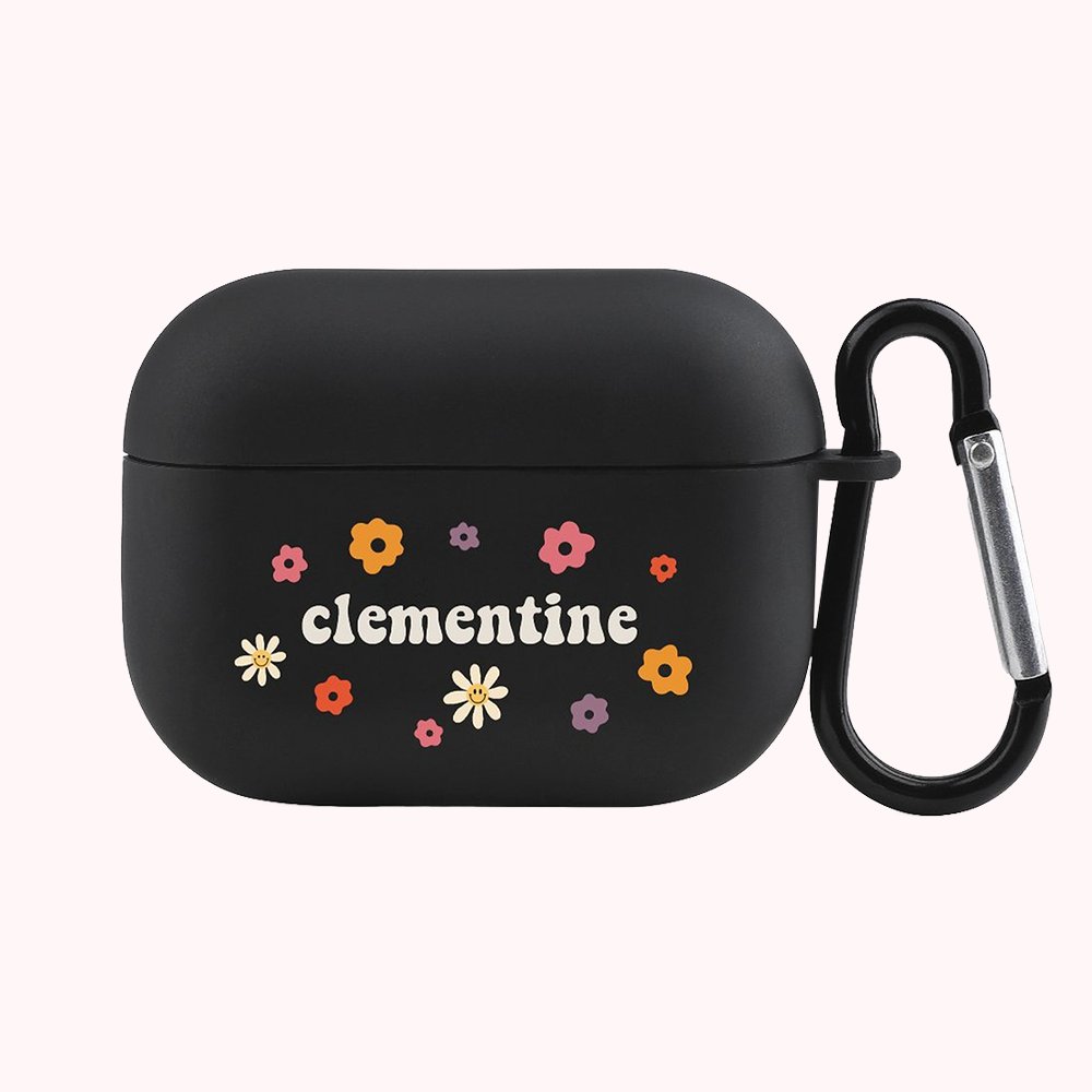 Housse AirPods Pro personnalisée avec porte-clés et fleur Boho Hippie Vintage Smile Daisy.