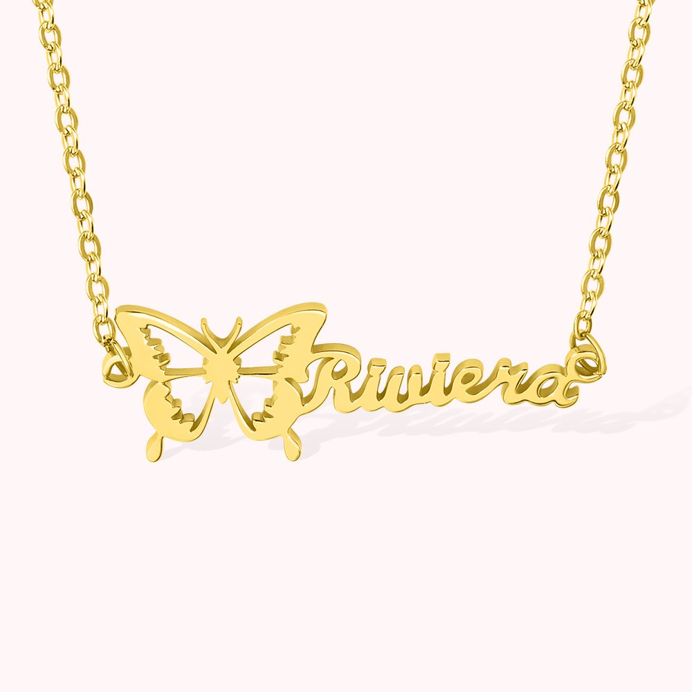 Collier Personnalisé avec Papillon de Naissance et Prénom Bijou Argent ou Laiton Cadeau Anniversaire Fête pour Femme