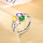 Anello personalizzato in argento sterling con cuore, assortimento di 1-8 pietre di nascita, nome e testo incisi Regalo di compleanno per la festa dell