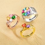 Anello personalizzato in argento sterling con cuore, assortimento di 1-8 pietre di nascita, nome e testo incisi Regalo di compleanno per la festa dell