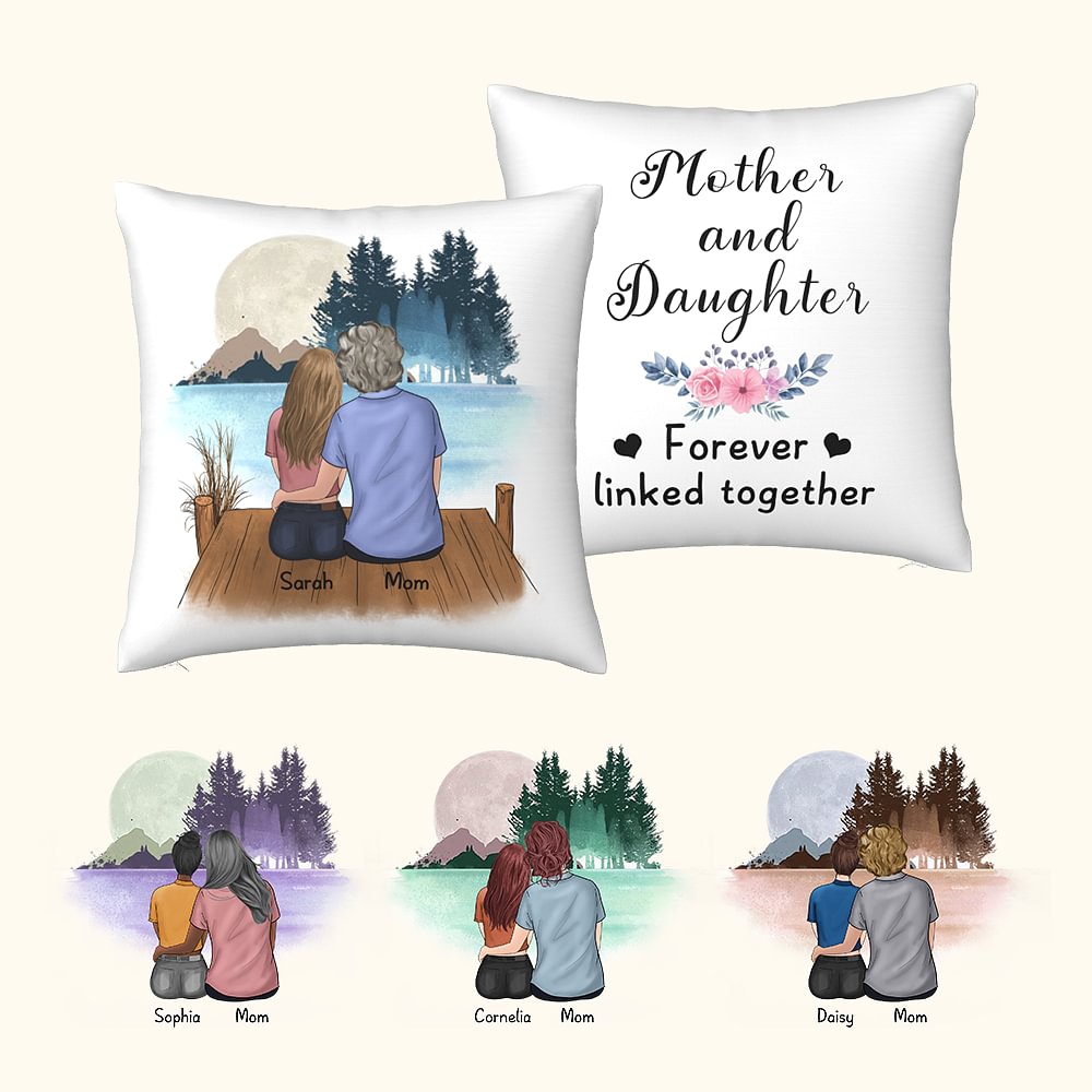 Housse d'Oreiller Personnalisée avec Dessin et Nom 2 Personnages Décoration sur Canapé Cadeau Fête des Mères pour Maman Fille Famille