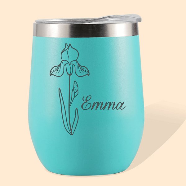 Vaso de vino de acero inoxidable personalizado con flor de nacimiento y nombre