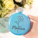 Personalised Round Flask Laser Engraved with Name and Birth Month Flower