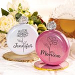 Personalised Round Flask Laser Engraved with Name and Birth Month Flower