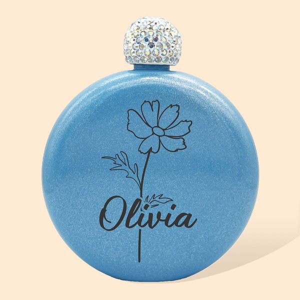 Round Flask Engraved Name Birth Month Flower