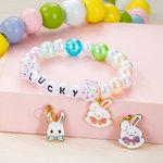 Personalized Cute Pearl Beaded Stretch Name Bracelet with Bunny Charm Easter Birthday Gift for Kids