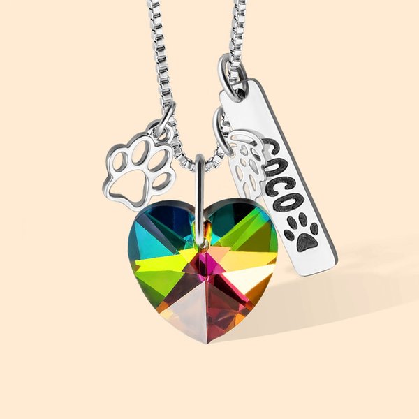 Gepersonaliseerde Rainbow Bridge Paw Print Wings Hart ketting met naam sierlijke sieraden huisdier verlies Sympathie Memorial Gift voor dierenliefhebbers