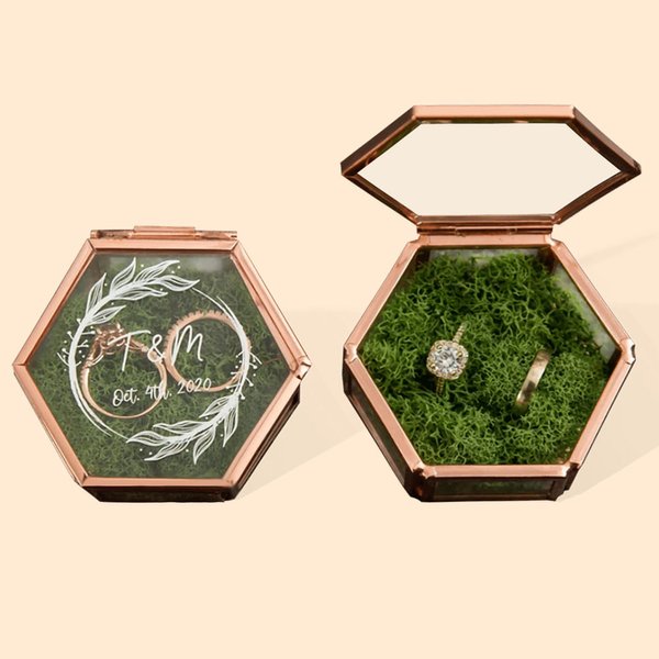 Personalized Hexagon Glass Ring Box with Text and Moss Decor Wedding Engagement Gift for Couple