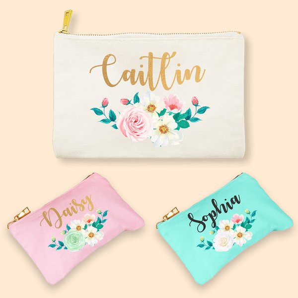 Gepersonaliseerd make-uptasje met naam in rozenpatroon voor bruiloft en verjaardag