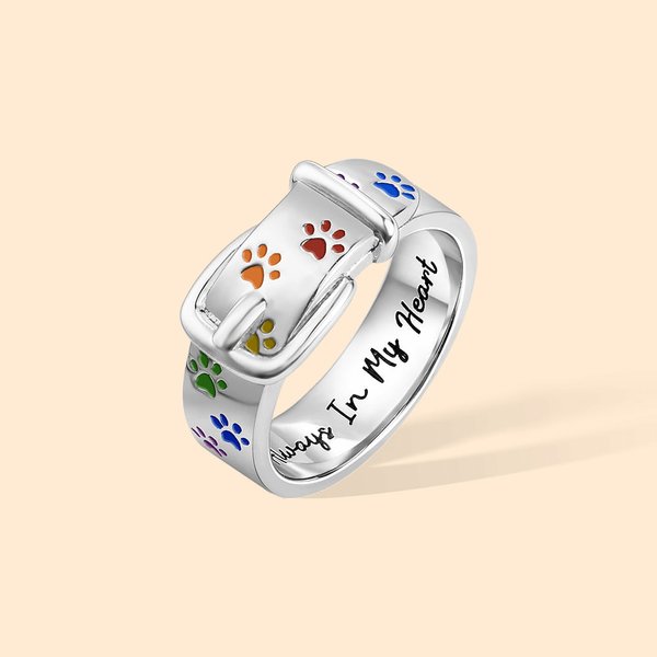 Personalized Name Text Memorial Ring with Paw Rainbow Puppy Collar Ring Loss of Pet Keepsake Pet Lover Gift