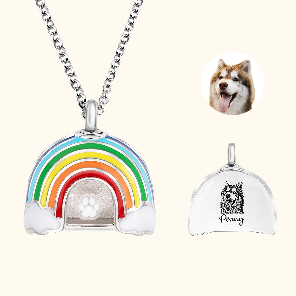 Collier Personnalisé avec Prénom Gravé Collier Commémoratif Urne de Cendres Arc-en-ciel Empreinte de Patte Cadeau pour Amoureux des Chiens Chats