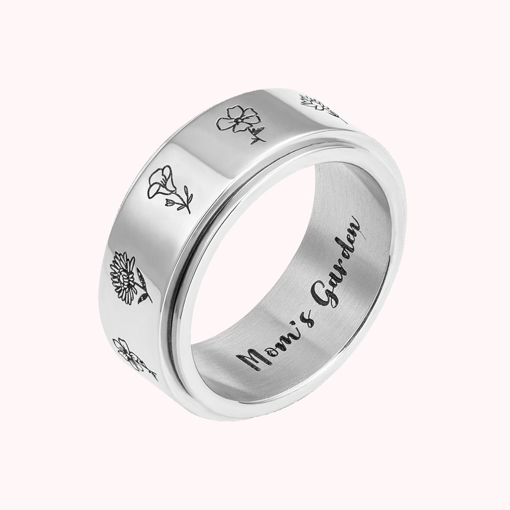 Bague Personnalisée avec 1-3 Fleurs de Naissance et Texte Cadeau Anniversaire Souvenir pour Femme
