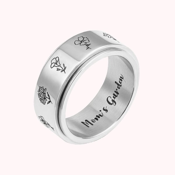 Bague Personnalisée avec 1-3 Fleurs de Naissance et Texte Cadeau Anniversaire Souvenir pour Femme