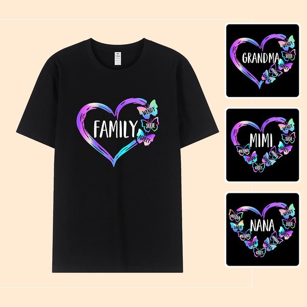 Personalized Gradient Butterfly Heart Design T-shirt with 1-10 Family Names Mother's Day Birthday Gift for Mom Grandma