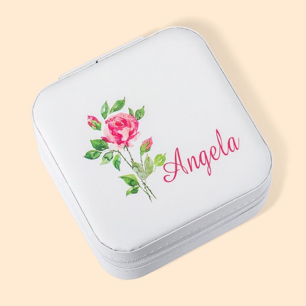 Personalisiertes Schmuck Kästchen mit Aquarell Geburtsblume und Namen Tragbar Reise-Schmuckasten Geschenk für Mädchen Mutter Damen Brautjungfer