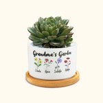 Personalized Birth Flower Plant Ceramic Pot Planter and Bamboo Base with 1-8 Names Mother's Day Gift for Grandma Mom