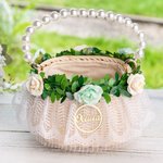 Personalized Handmade Flowers Wreath Rattan Flower Girl Basket with Name and Pearl Handle Wedding Ceremony Gift