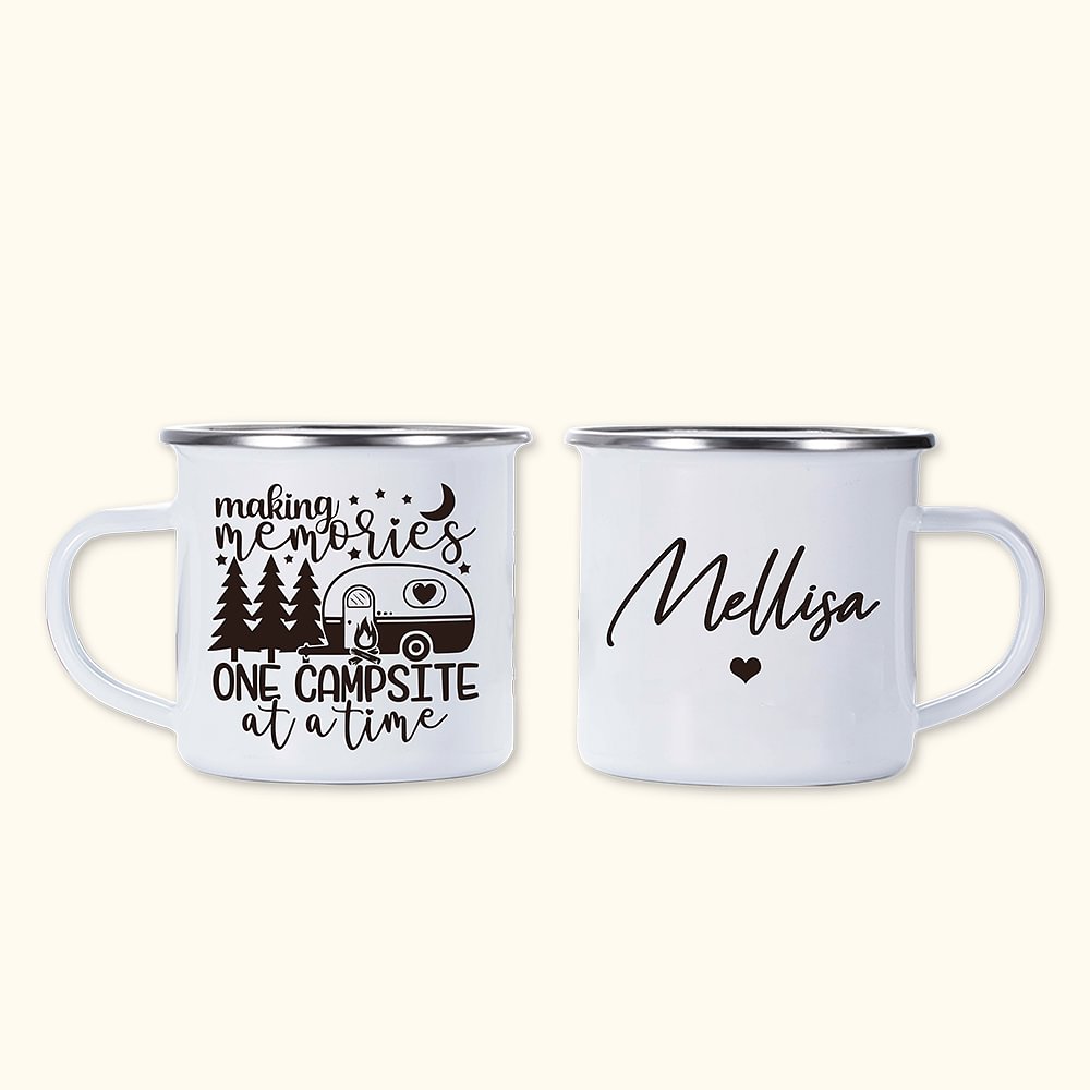 Tasse émaillée personnalisée Camping Se souvenir d'un camping à la fois