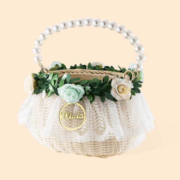 Gepersonaliseerde handgemaakte bloemen krans rotan bloem meisje mand met naam en parel handvat huwelijksceremonie geschenk