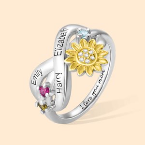 Bague de Promesse Tournesol Personnalisée avec Nom et Pierre de Naissance Cadeaux Fête des Mères pour Femmes