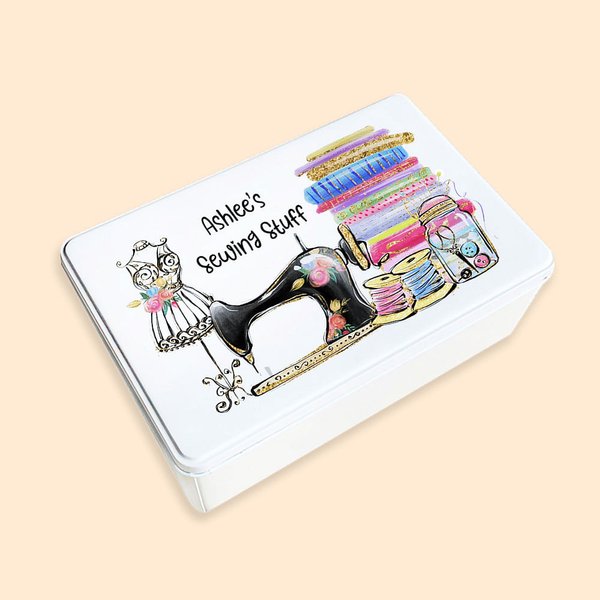 Metal Sewing Storage Tin w/ Painted Sewing Machine