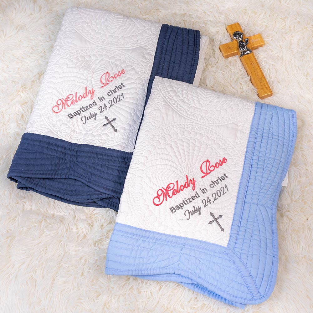 Personalised Baby Lightweight Embossed Cotton Quilt Embroidered Baptism