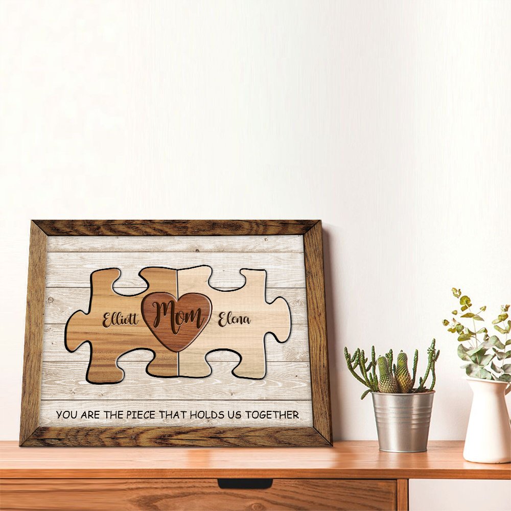 Personalized Rustic Puzzle Piece Sign Canvas Prints Frame with Names Father's Day Gift For Dad Mom