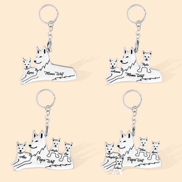 Personalized Mama Wolf Keychain with 1-8 Names Gift for Mother