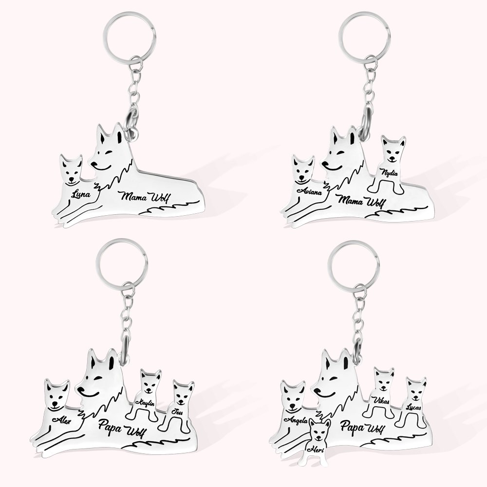 Porte-Clés Personnalisé avec Noms des 1-9 Loups Accessoire en Acier Inoxydable Cadeau Familial Fête des Pères Mères pour Papa Maman