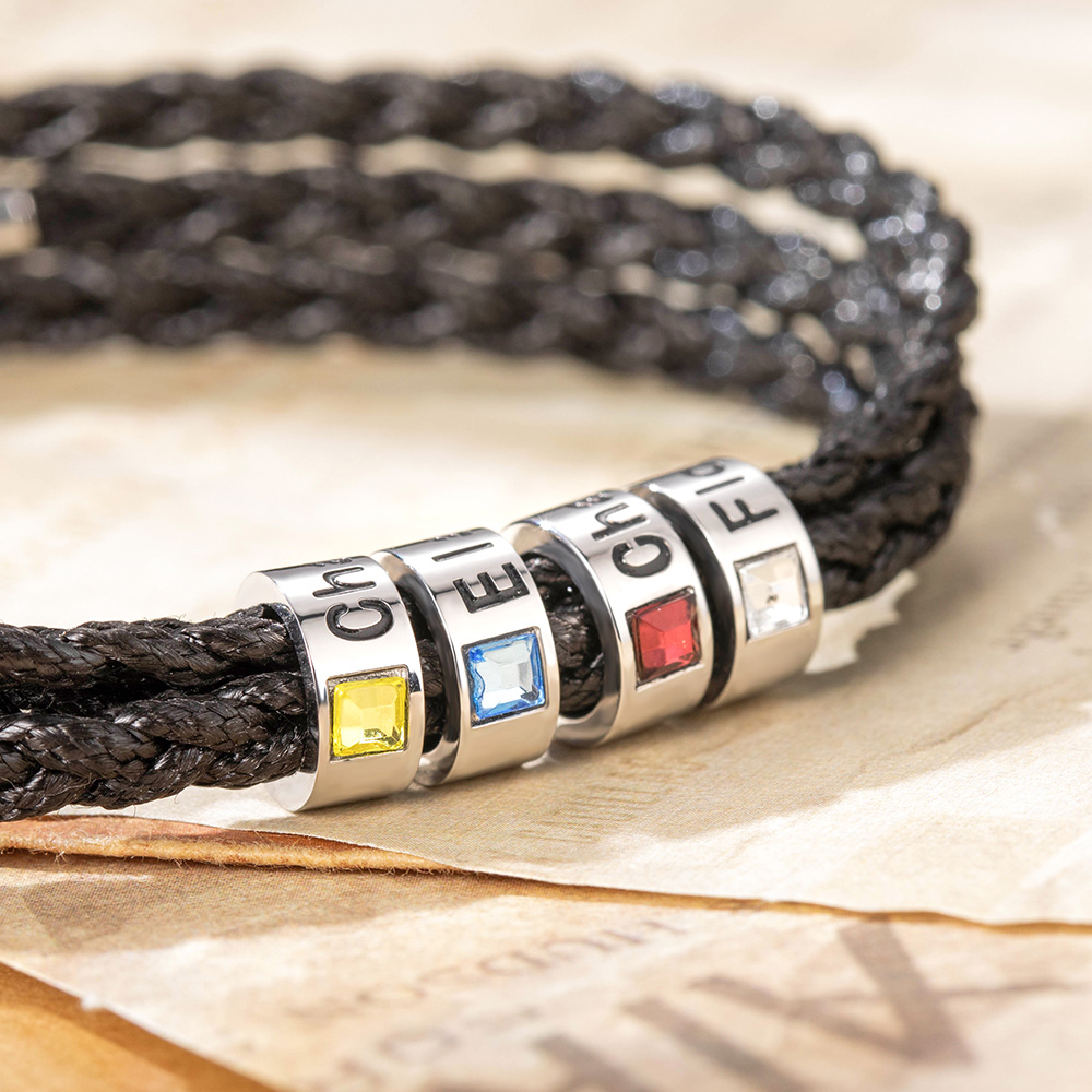 Personalized Braided Leather Birthstone Bracelet with Name CALLIE