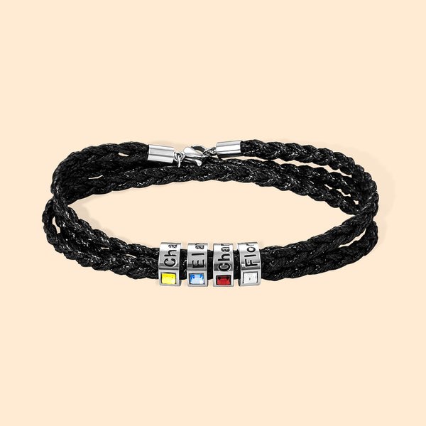 Personalized Braided Leather Birthstone Bracelet with Name