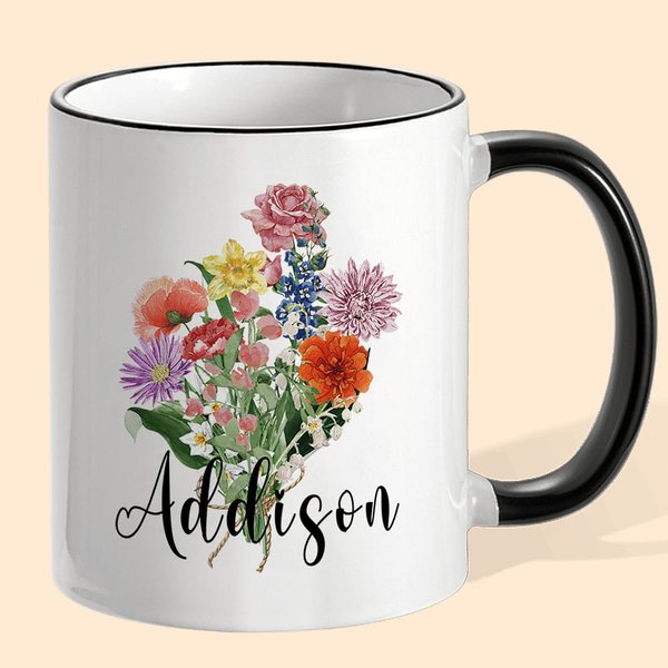 Personalized Ceramics Birth Flowers Bouquet Coffee Mug with Daisy, Sweet Pea, Rose and More