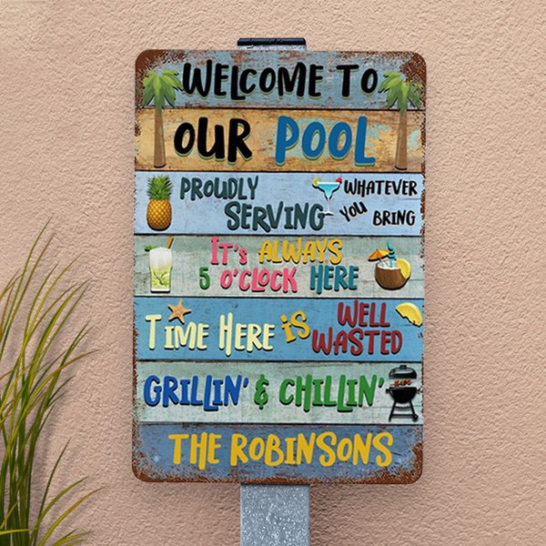 Personalised Colorful Welcome Grilling Chilling Metal Sign with Name and Place Wall Art Home Decoration Summer Party Housewarming Gift for Family