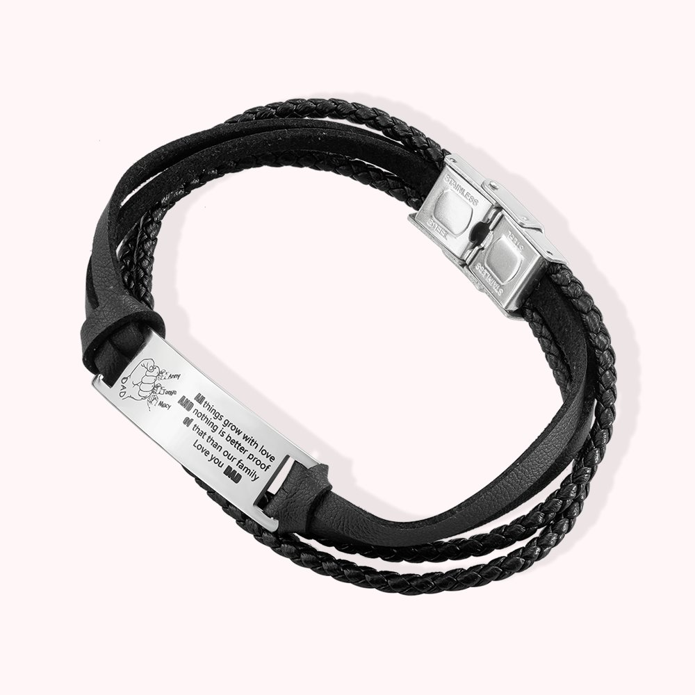 Bracelet en Cuir Tressé Personnalisé avec Noms Père et 1-6 Enfants à Motifs de Poings Cadeau Anniversaire Fête des Pères pour Papa Grand-Père