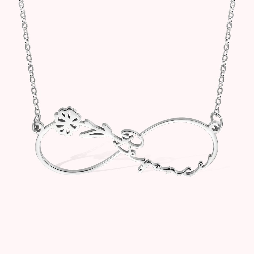 Collier Femme Infini Personnalisé avec Fleur de Naissance et Nom Cadeau pour Femme