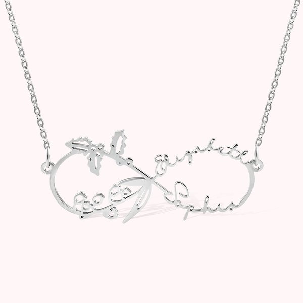 Collier Femme Infini Personnalisé avec 2 Fleurs de Naissance et 2 Noms Cadeau Fête Anniversaire