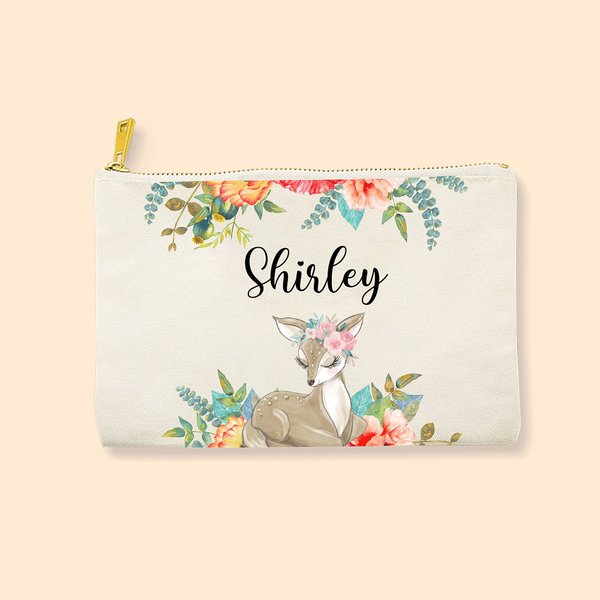 Embroidered Fawn Canvas Pencil Bag with Name