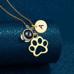 Personalised 100 Languages I love You Photo Projection Dog Paw with Initial Necklace