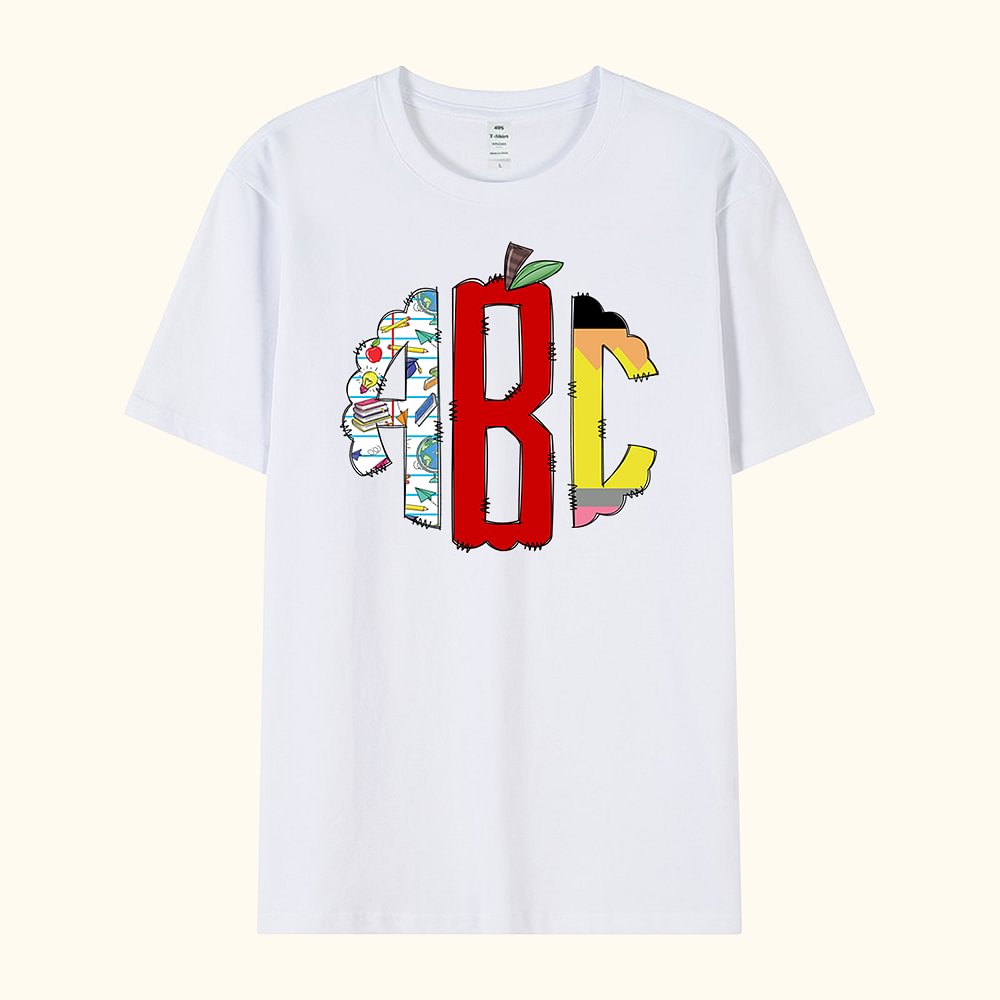 Monogramme personnalisé Lettres Pomme T-Shirt Enseignant Cadeau de rentrée des classes