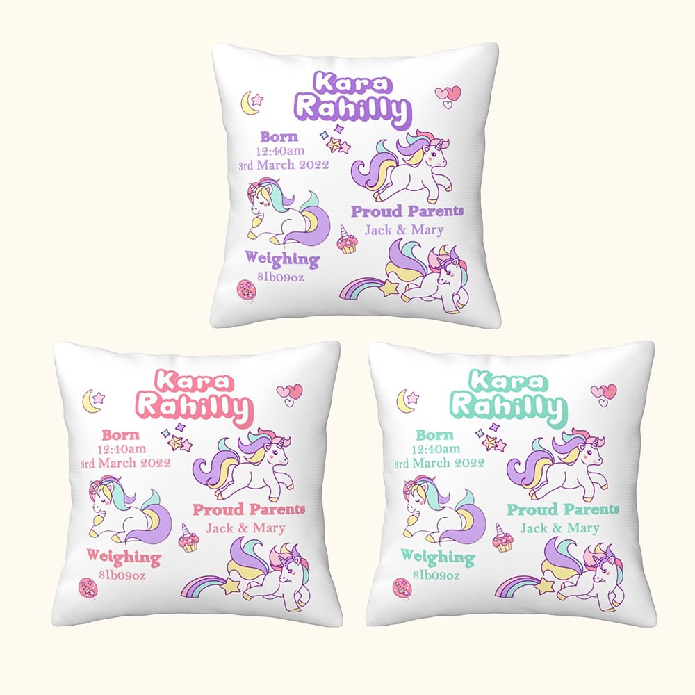 Personnalisé Fantasy Licorn Birth Announcement Baby Keepsake Throw Pillow Cushion Cover Nursery Decor