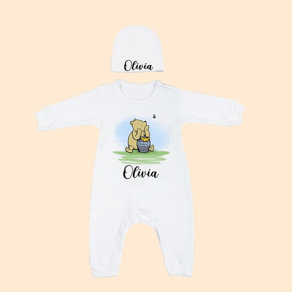 Personalized Classic Winnie the Pooh Baby Romper Set with Hat and Gloves Coming Home Outfit