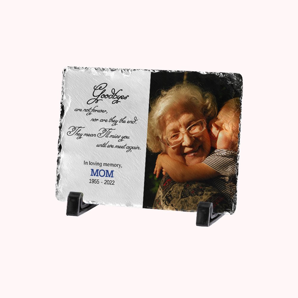 Cadre photo rocher ardoise personnalisé "Les adieux ne sont pas éternels" en souvenir d'un cadeau d'amour.