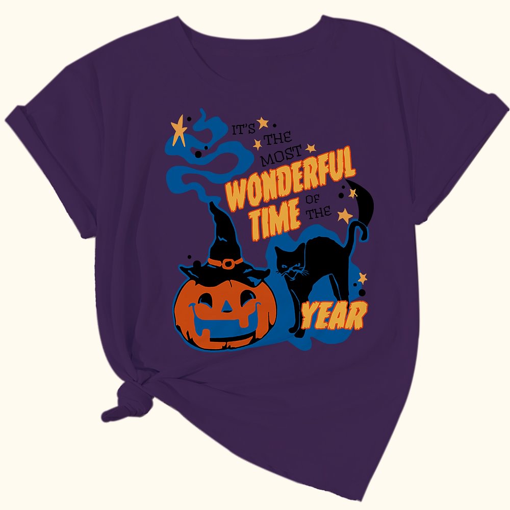 T-shirt Enfant Adulte Personnalisé avec Nom Style Citrouille à Chapeau de Sorcière et Chat Noir Cadeau Halloween pour Famille
