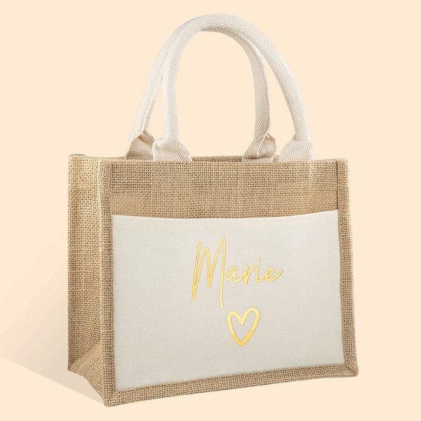 Sac en Jute Personnalisé avec Nom Sac à Main de Grande Capacité Accessoire de Voyage Fête des Mères Cadeau pour Femme