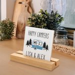Personalised Happy Camper Camping RV Ceramic Sign with Wood Stand Home Decoration Housewarming Gift for Camp Lovers