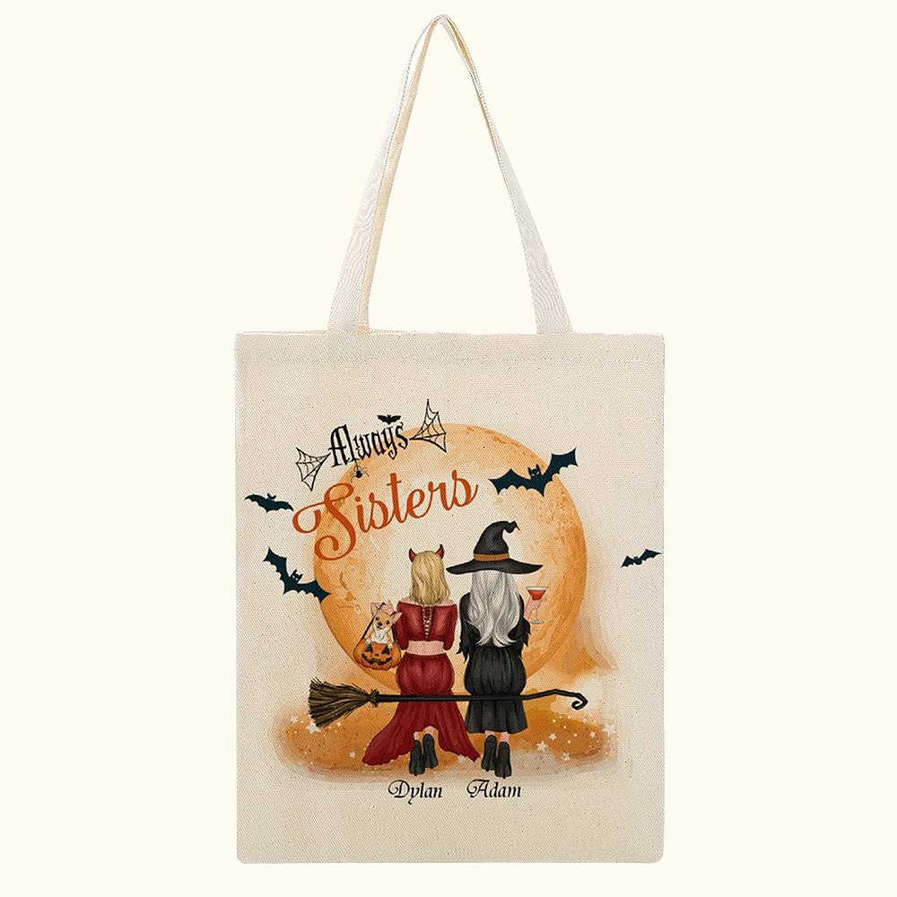 Sac Canvas Personnalisé avec Vues de Dos et Noms Thème Always Sisters Friends Cadeau Anniversaire Halloween Fête pour Meilleure Amie Soeur