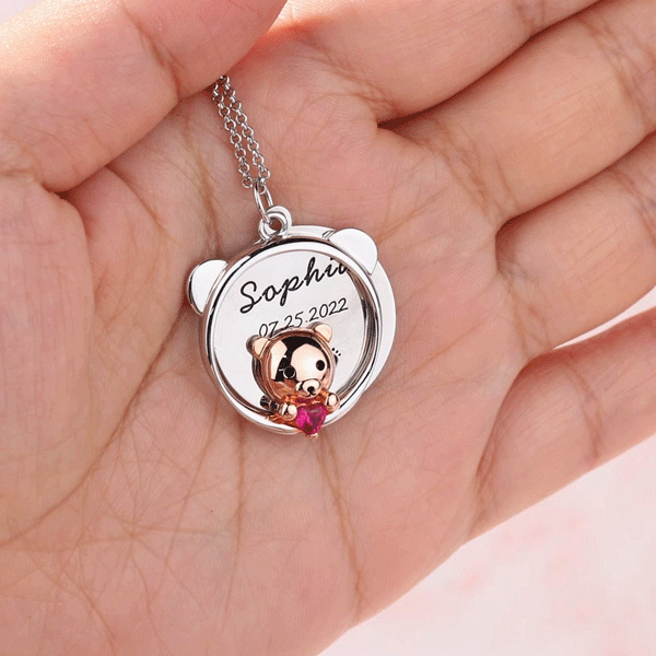Personalized Baby Bear Birthstone Necklace with Message Card Push Present Gift for New Mom
