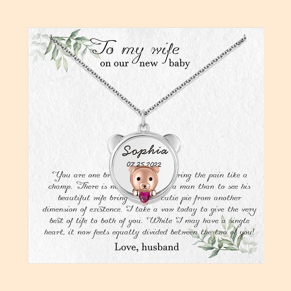 Collar personalizado de piedra de nacimiento del bebé oso con tarjeta de mensaje Empuje Regalo para la nueva mamá