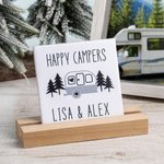 Personalised Happy Camper Camping RV Ceramic Sign with Wood Stand Home Decoration Housewarming Gift for Camp Lovers